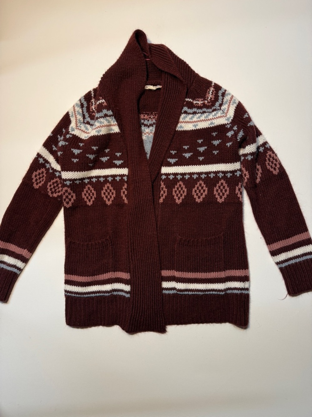 Pink Republic Burgundy Fair Isle Shawl Collar Cardigan‎